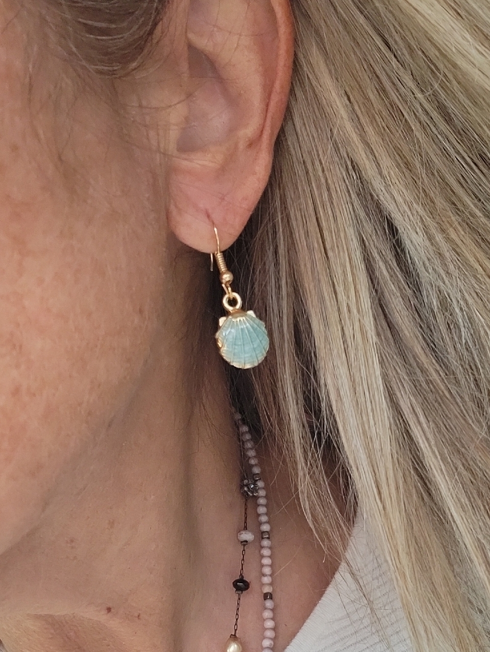 Dainty Aqua Scallop Shell Drop Earrings
